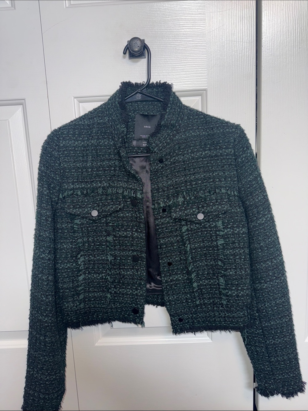 Mango Textured Tweed Cropped Jacket in Dark Green
